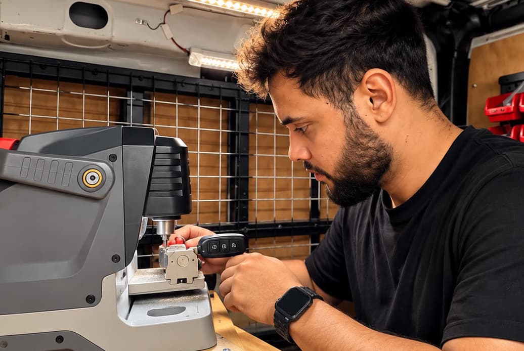 João Victor, founder of Motor Key Solution, cutting and programming a car key inside the work van